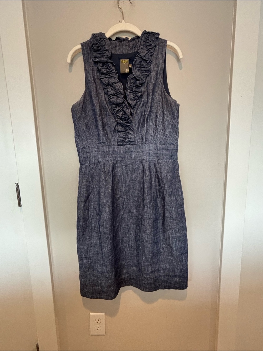 Taylor Chambray Blue Sleeveless Ruffle V-Neck Linen Midi Dress